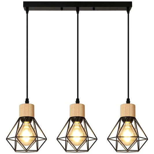 Plafonnier Industriel LoftBeam | Métal Noir & Bois, 3 Lumières E27